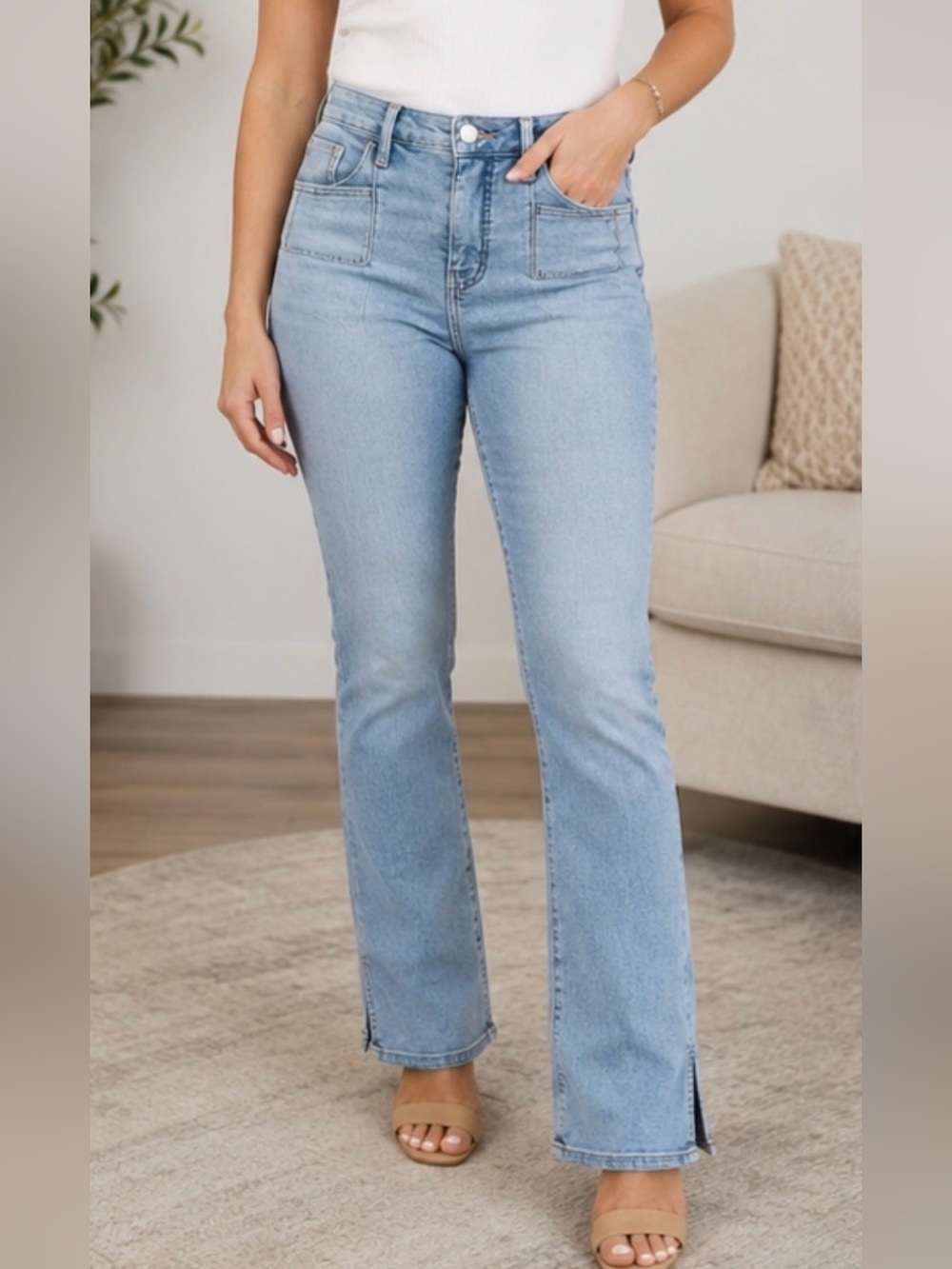 Maurices Everflex High Rise Slim Boot Jeans Light Wash Size 10 Short. Ankle slit